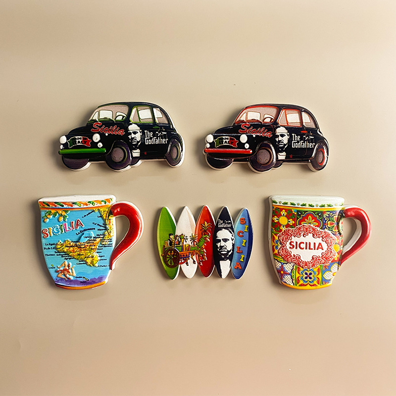 Italy Souvenir Fridge Magnet - 3D Sicilian Mug & Classic Italian Car Decor