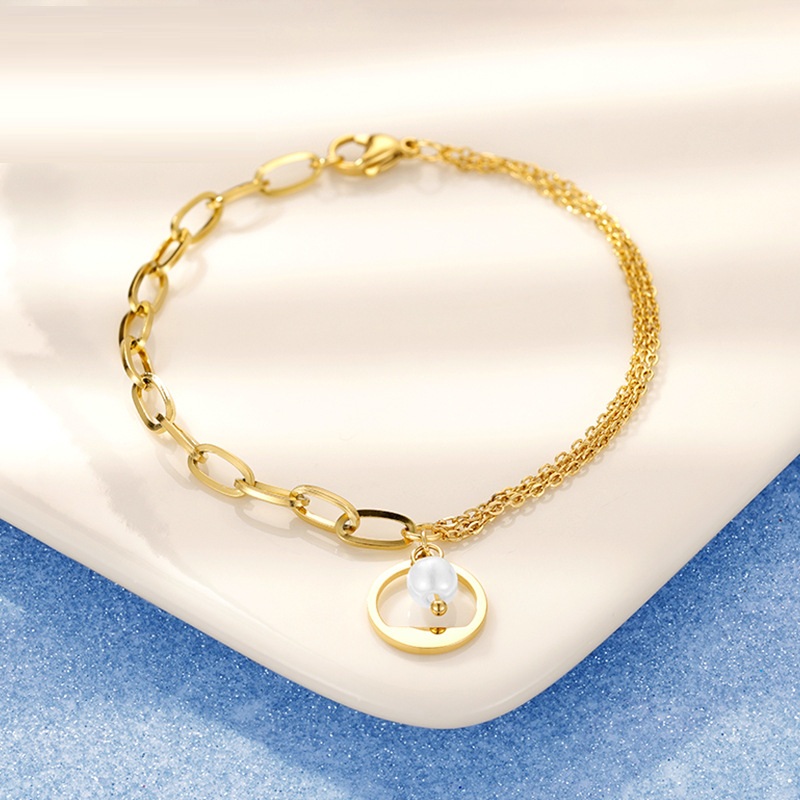 Stainless Steel Bracelet-Round Shell Pendant Paperclip Chain Bracelet For Women