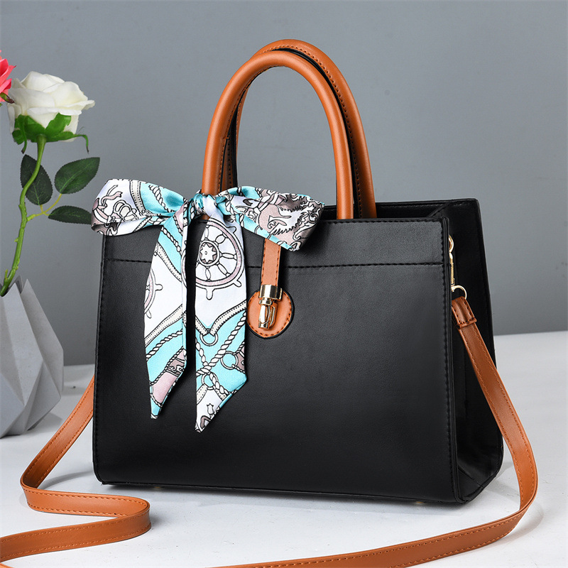 Scarf Decor PU Handbag Custom Logo Large Capacity Women Convertible Top Handle Crossbody Shoulder Bag Multiple Solid Colors