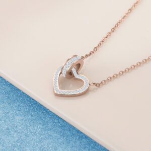 Stainless Steel Necklace-Interlocking Double Heart Pendant Necklace With Cubic Zirconia For Women