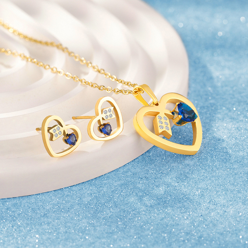 Stainless Steel Necklace-Hollow Heart Pendant Jewelry Set With Blue Cubic Zirconia For Women