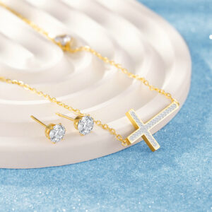Stainless Steel Necklace-Cross Pendant Jewelry Set With Cubic Zirconia For Women