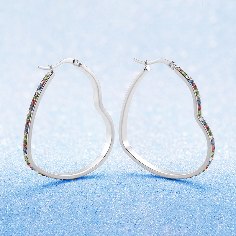 Stainless Steel Earring-Heart Shape Partial Paved Cubic Zirconia Hoop Earrings For Women