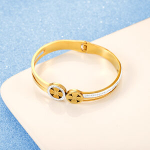 Stainless Steel Bracelet-Four Leaf Clover Paved Stone Closed Bracelet For Women