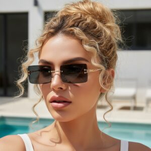 Rimless Cut Edge Small Square Sunglasses Women Gold Metal Temple Colorful Gradient Lens UV Protection Trendy Shades