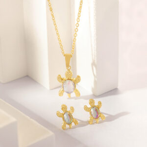 Stainless Steel Necklace-Turtle Pendant Jewelry Set With White Stone For Women