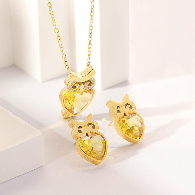 Stainless Steel Necklace-Owl Pendant Jewelry Set With Heart Stone For Women
