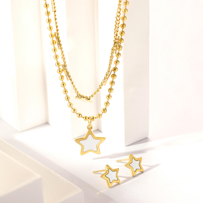 Stainless Steel Necklace-Double Layer Star Pendant Jewelry Set For Women