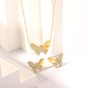 Stainless Steel Necklace-Butterfly Pendant Jewelry Set With Cubic Zirconia For Women