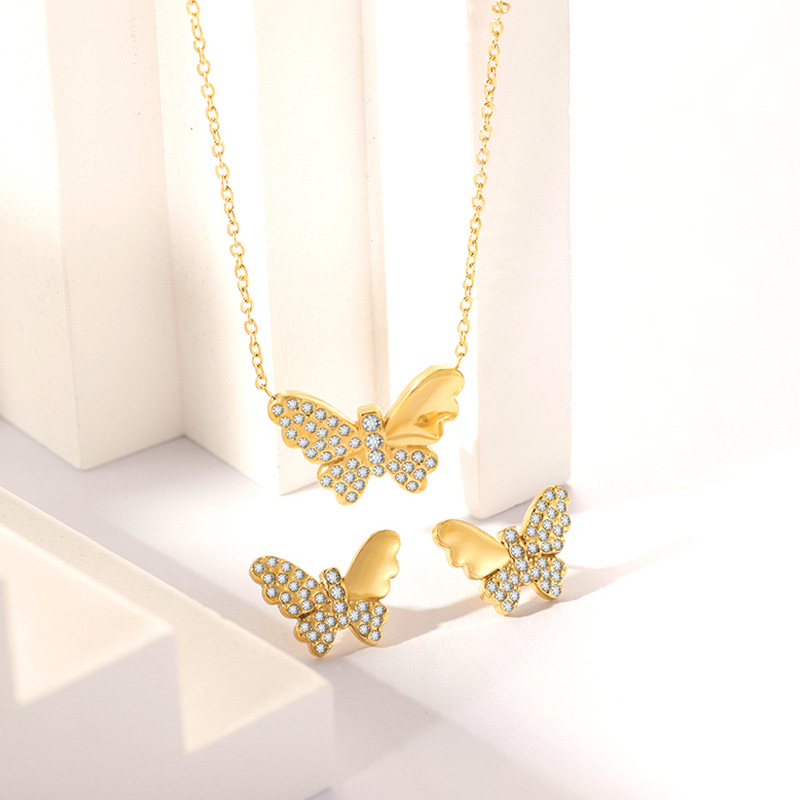 Stainless Steel Necklace-Butterfly Pendant Jewelry Set With Cubic Zirconia For Women