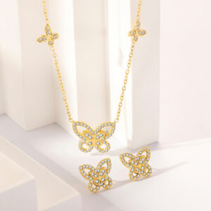 Stainless Steel Necklace-Hollow Butterfly Pendant Jewelry Set With Cubic Zirconia For Women