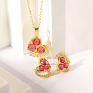 Stainless Steel Necklace-Cat Paw Heart Pendant Jewelry Set With Pink Stone For Women