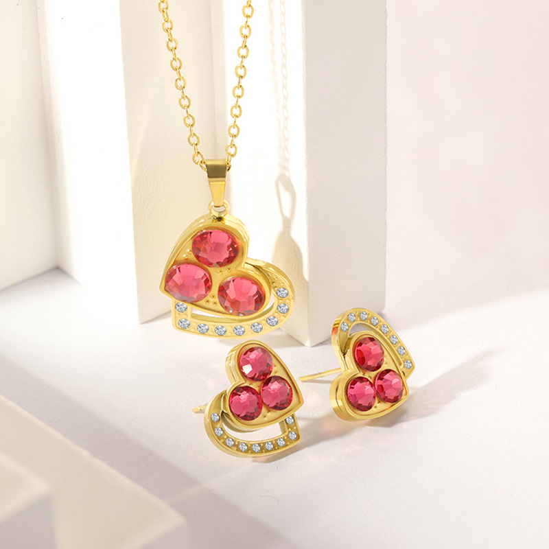 Stainless Steel Necklace-Cat Paw Heart Pendant Jewelry Set With Pink Stone For Women