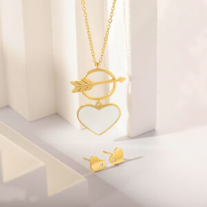 Stainless Steel Necklace-Cupid Arrow Heart Pendant Jewelry Set With White Shell For Women