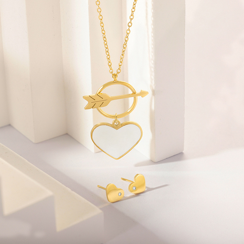 Stainless Steel Necklace-Cupid Arrow Heart Pendant Jewelry Set With White Shell For Women