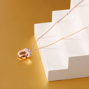 Stainless Steel Necklace-Interlocking Double Ring Roman Numeral Pendant Necklace For Women