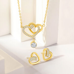 Stainless Steel Necklace-Interlocking Heart Pendant Jewelry Set With Drop Cubic Zirconia For Women
