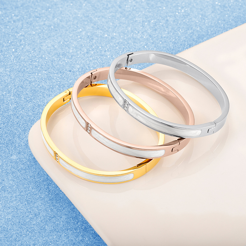Stainless Steel Bracelet-Smooth White Enamel Inlay Cuff Bracelet For Women