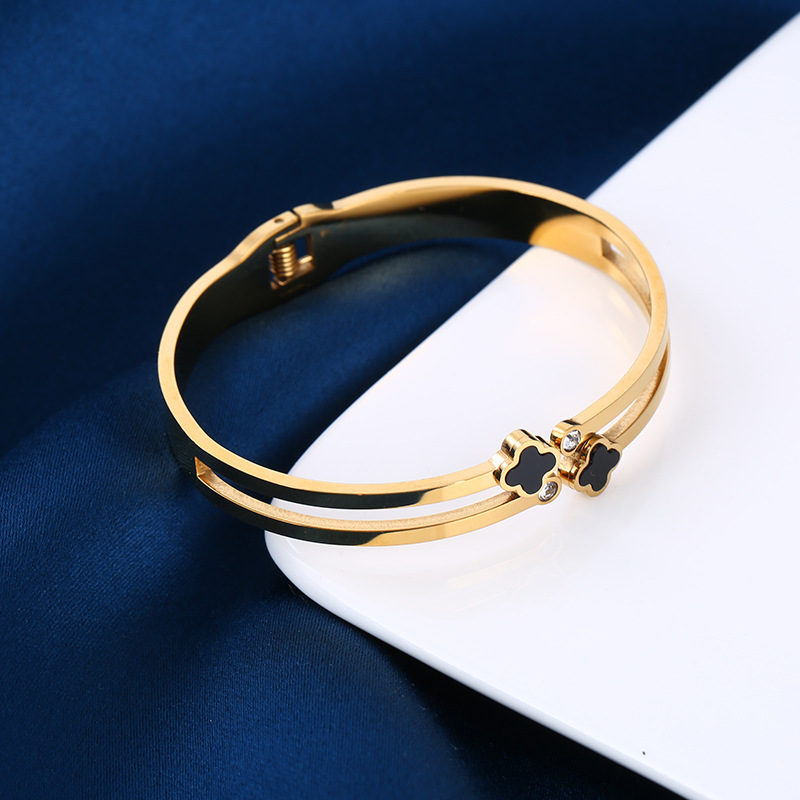 Stainless Steel Bracelet-Four Leaf Clover Black Cubic Zirconia Open Cuff Bracelet For Women