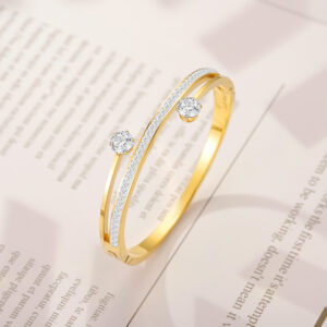 Stainless Steel Bracelet-Double Band Two Stones Closed Bracelet For Women