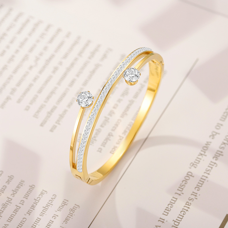 Stainless Steel Bracelet-Double Band Two Stones Closed Bracelet For Women