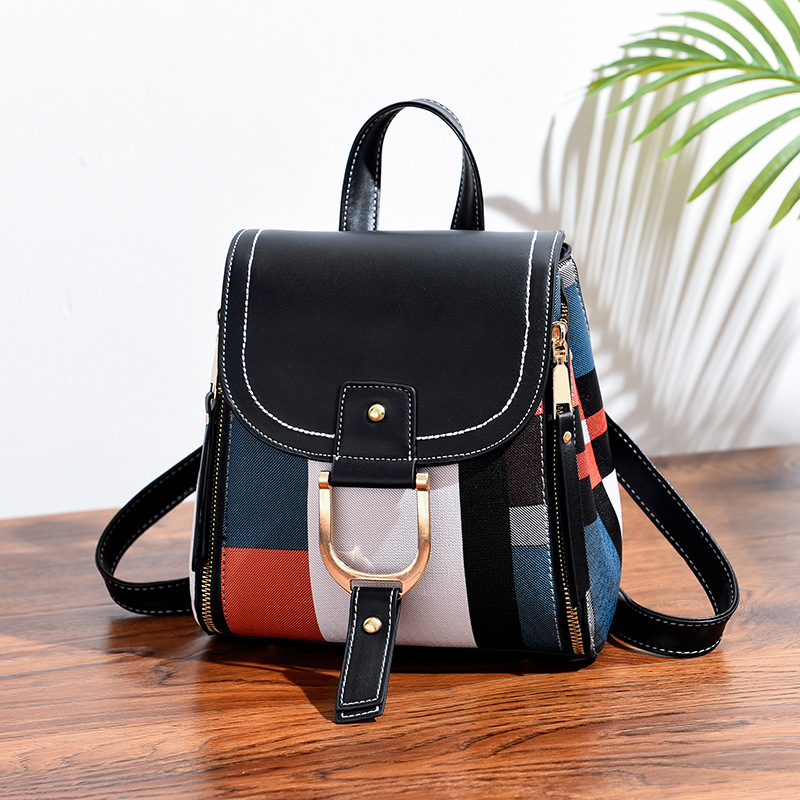 Fashion Color Block PU Backpack Custom Logo Large Capacity Travel School Shoulder Bag For Women 4 Fashion Color Block PU Backpack Custom Logo Large Capacity Travel School Shoulder Bag For Women - Image 4